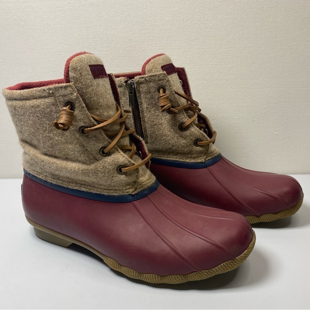 Sperry Saltwater Wool duck boots sz‎ 8 Rubber Side Zip Fleece Lined red tan